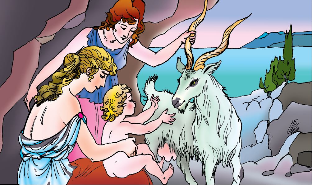 Воспитать бога. Зевс и коза Амалфея. Крон и рождение Зевса. Зевс рождение Зевса. Мифы древней Греции рождение Зевса.